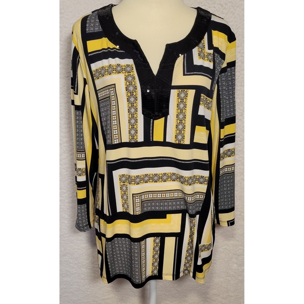 JM Collections Womens Blouse Yellow Black Size L Sequins V-Neck 3/4 Sleeve 1340